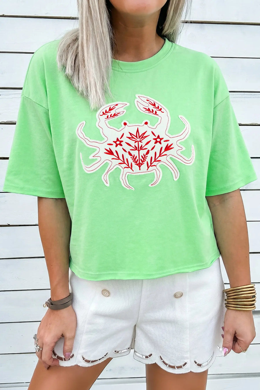 Bright Green Crab Embroidered Patch Loose Round Neck Tee — back view | Fashionfitz UK