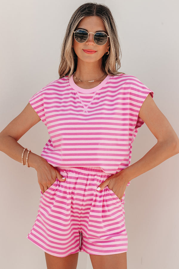 Pink Stripe Cap Sleeve Tee Elastic Waist Shorts 2-Piece Set Women UK