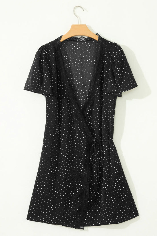 Polka dot lace trim wrap v-neck short sleeve mini dress dresses