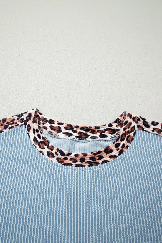 Leopard trim twist ribbed short set two piece outfit sets