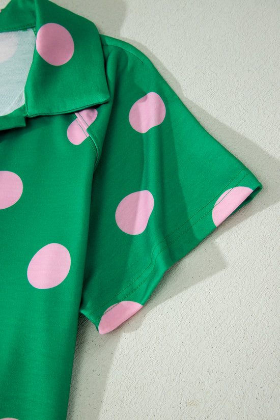 Polka Dot V Neck Short Sleeve Tee High Waist Drawstring Shorts Set