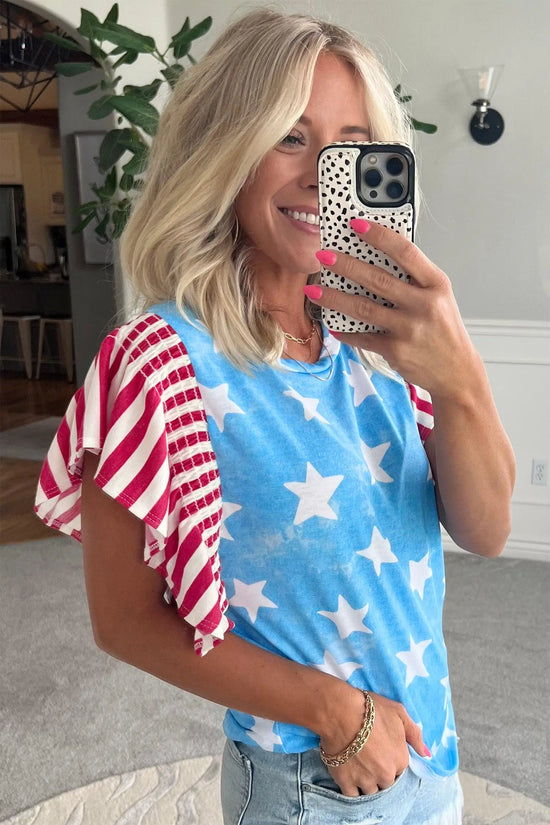 Sky blue vintage star print striped ruffle sleeve top blouses
