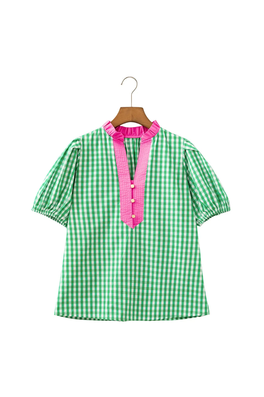 Gingham Plaid Bubble Sleeve Colourblock Blouse Women UK