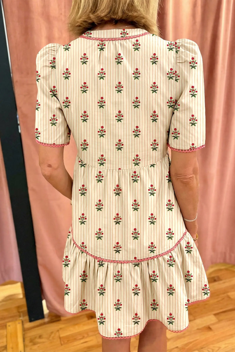 Apricot Striped Floral Contrast Ruffle Hem Mini Dress Women UK