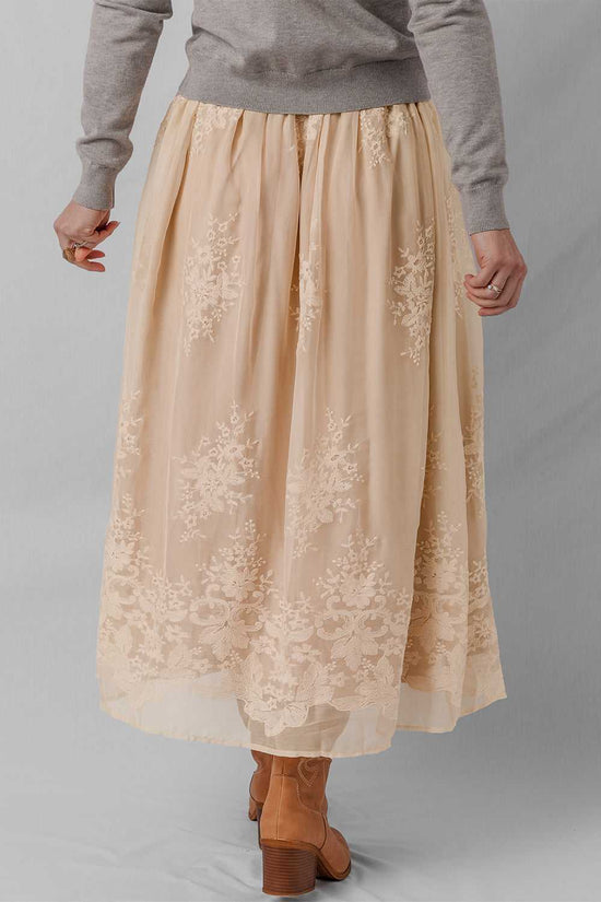 Embroidered Mesh Overlay Flowy Skirt