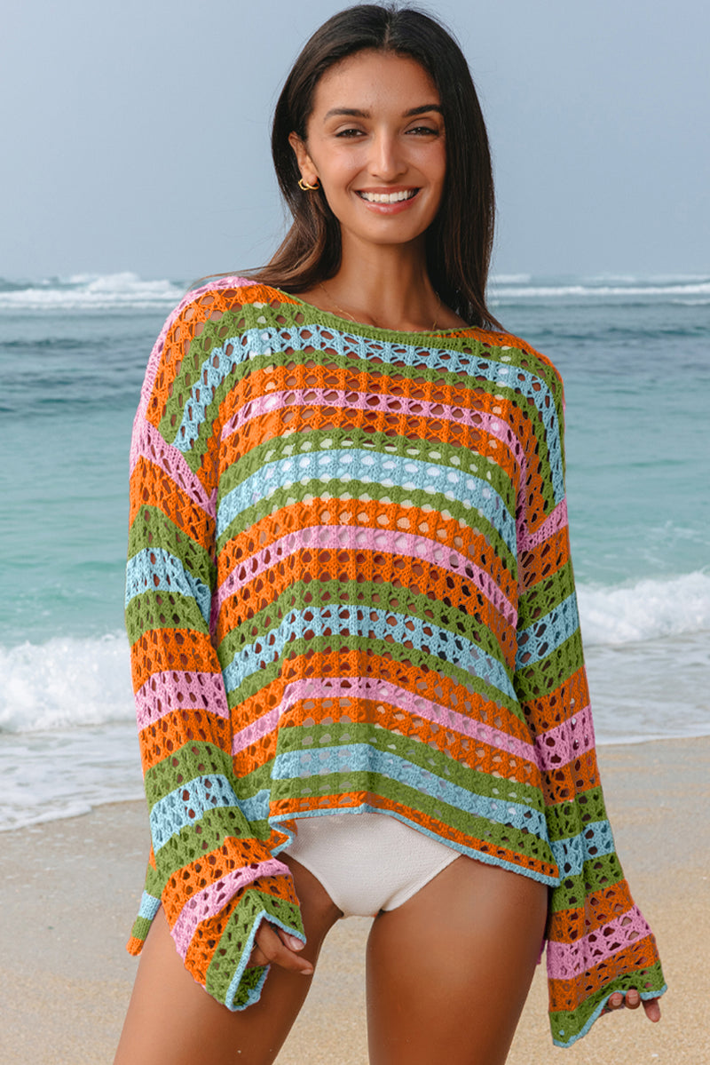 Multi-colour stripe open knit sweater cover up - back view