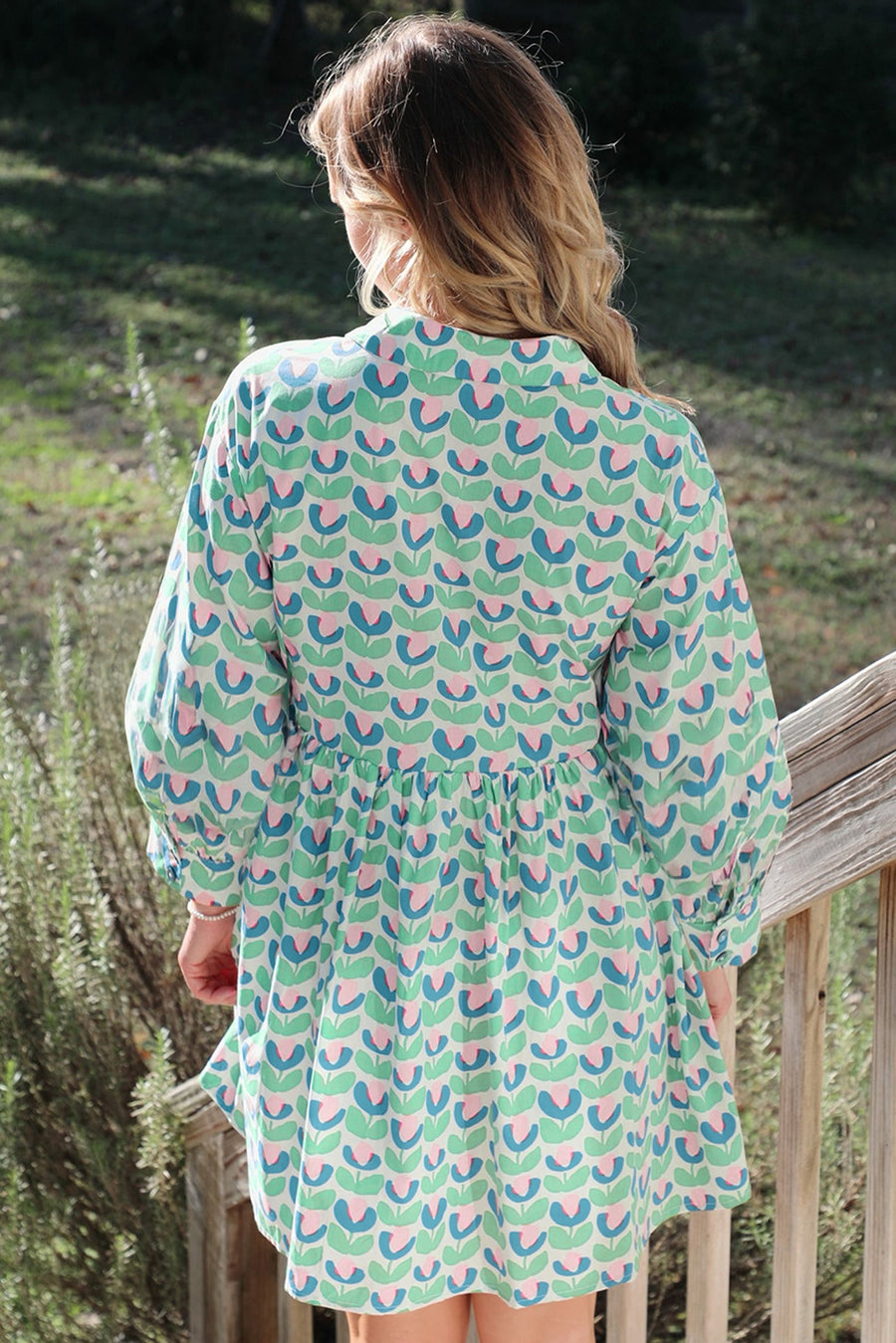 Green Floral Scalloped Notched Neck Long Sleeve Mini Dress Women UK