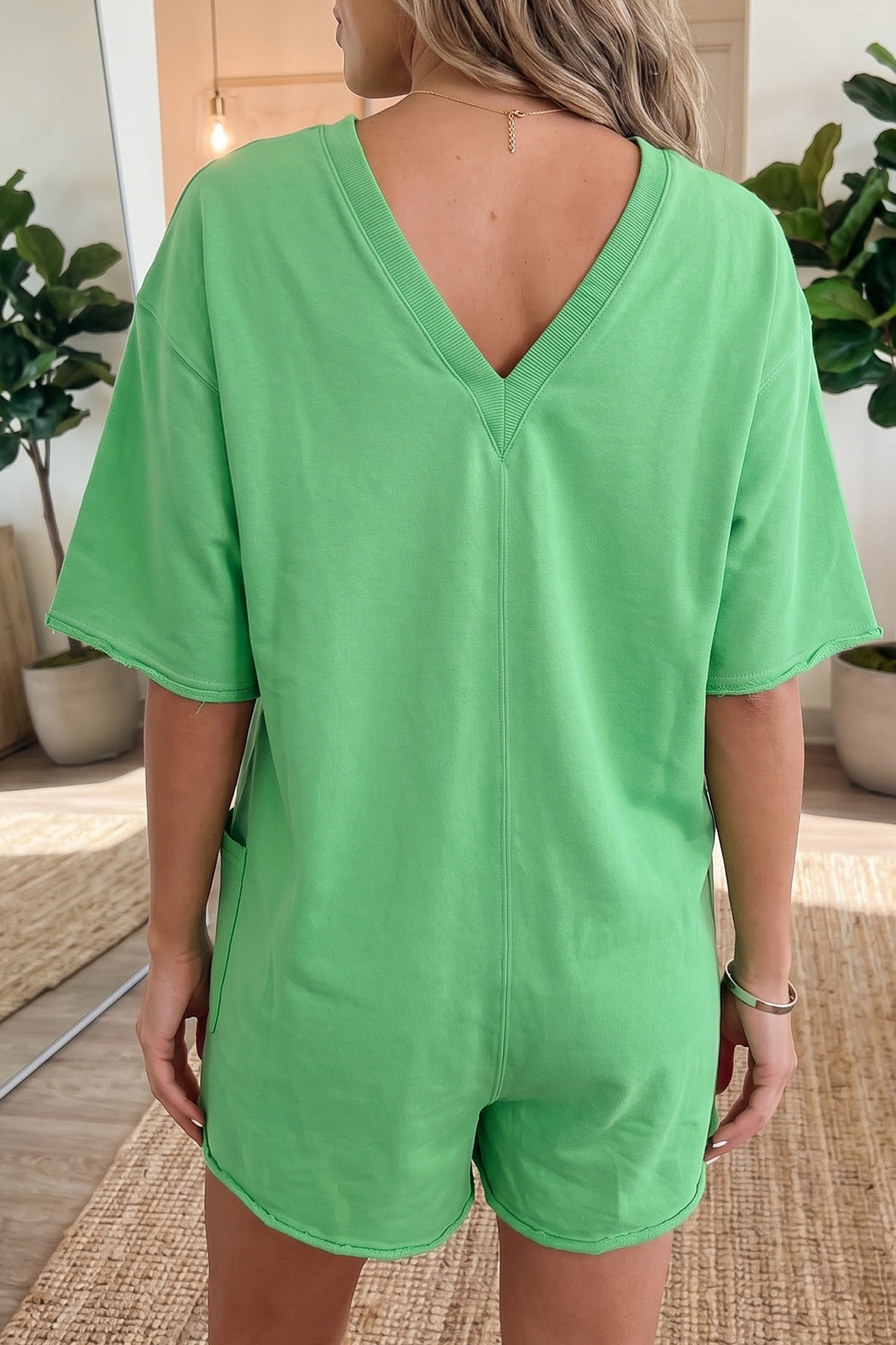 Raw Edge Half Sleeve Pocketed Loose Romper