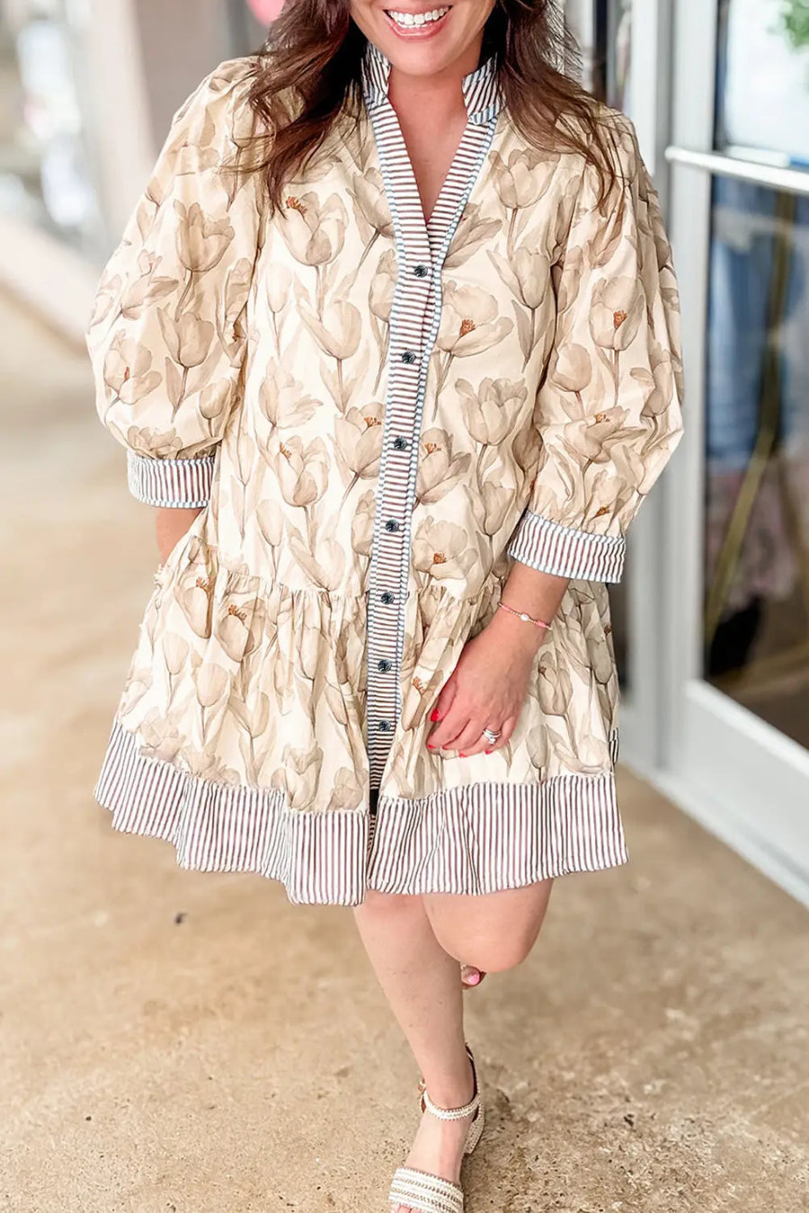 Khaki Plus Size Floral Patchwork Button Down Dress Women UK — close-up detail