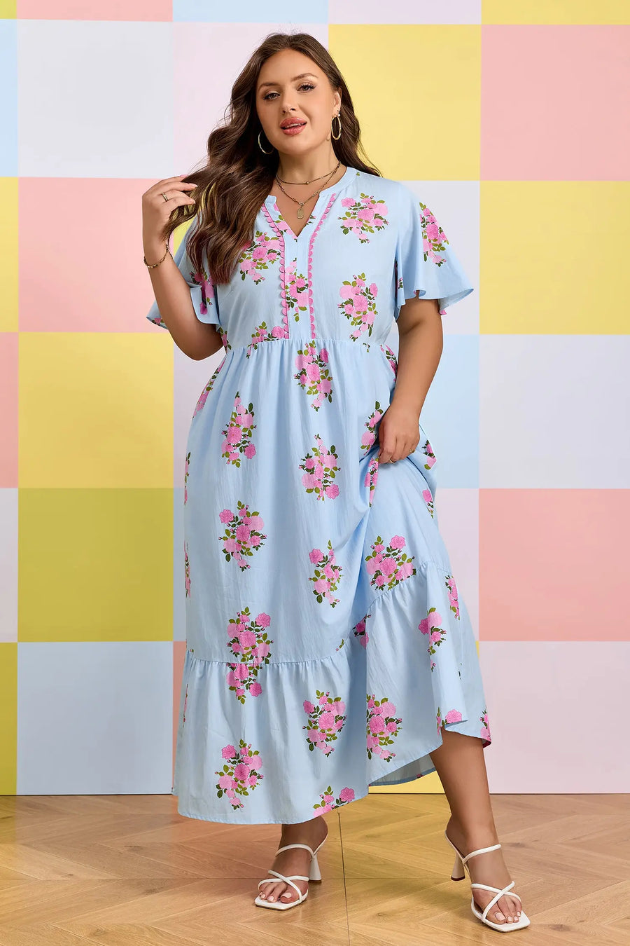 Sky Blue Plus Size Floral Scalloped V-Neck Dress Women UK — full length