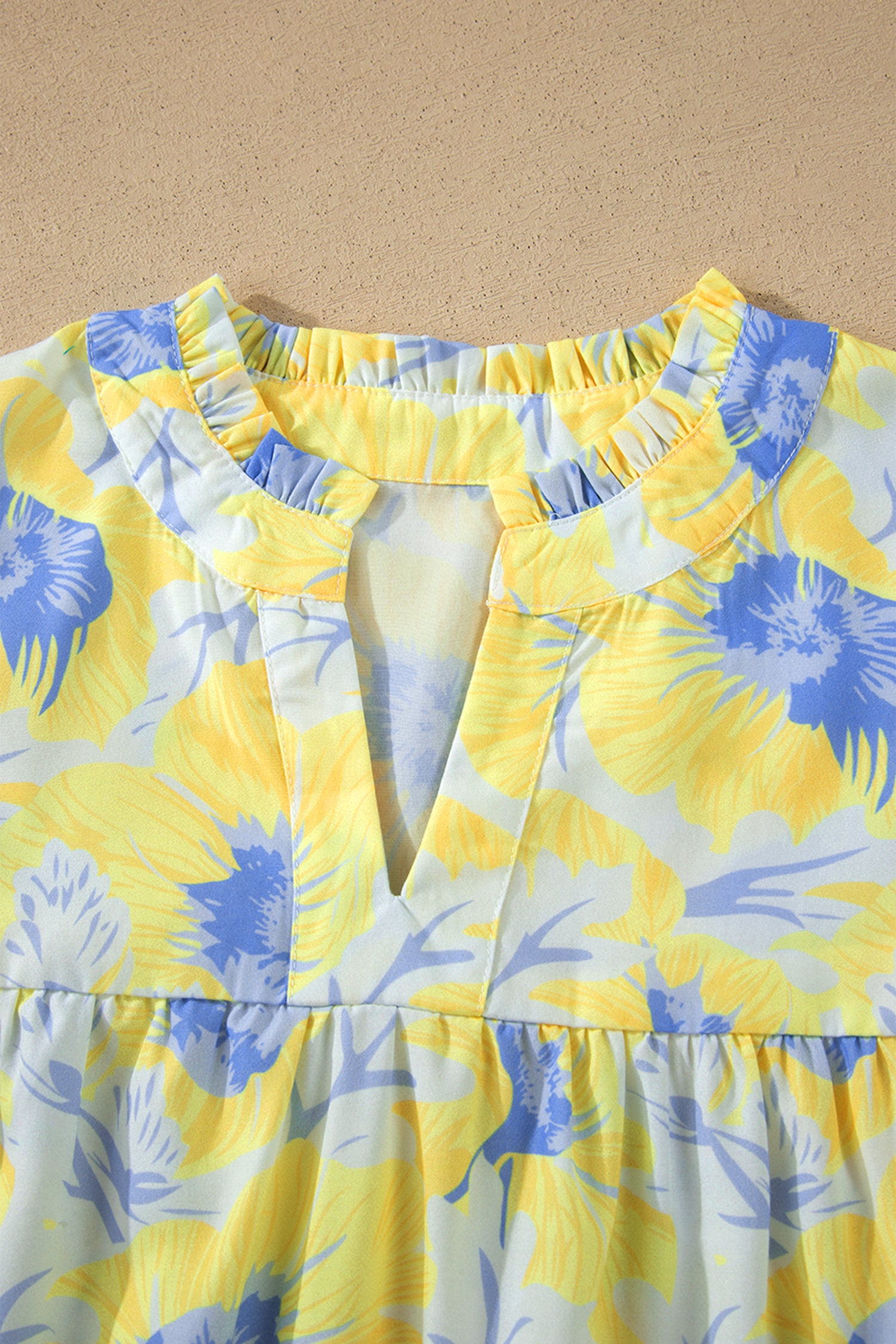 Floral Jacquard Bubble Sleeve Notched V Neck Babydoll Blouse