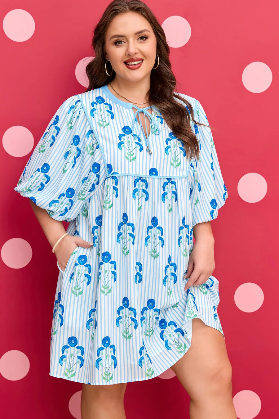 Sky Blue Plus Size Floral Striped Bubble Short Sleeve Dress Women UK — model shot