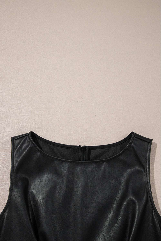 Close-up of neckline on Black Vegan Leather Sleeveless Mini Dress, showing smooth PU leather texture and precise stitching detail.