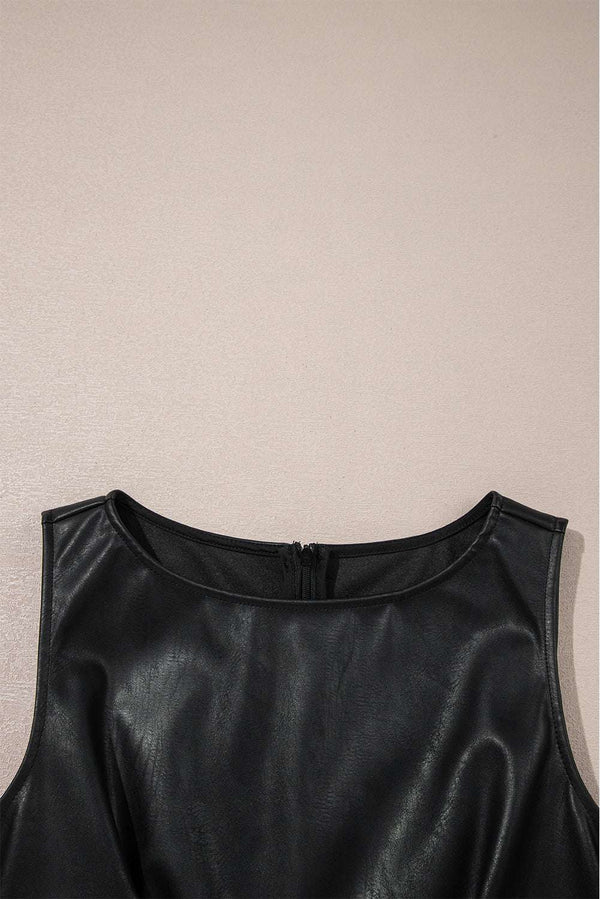 Close-up of neckline on Black Vegan Leather Sleeveless Mini Dress, showing smooth PU leather texture and precise stitching detail.