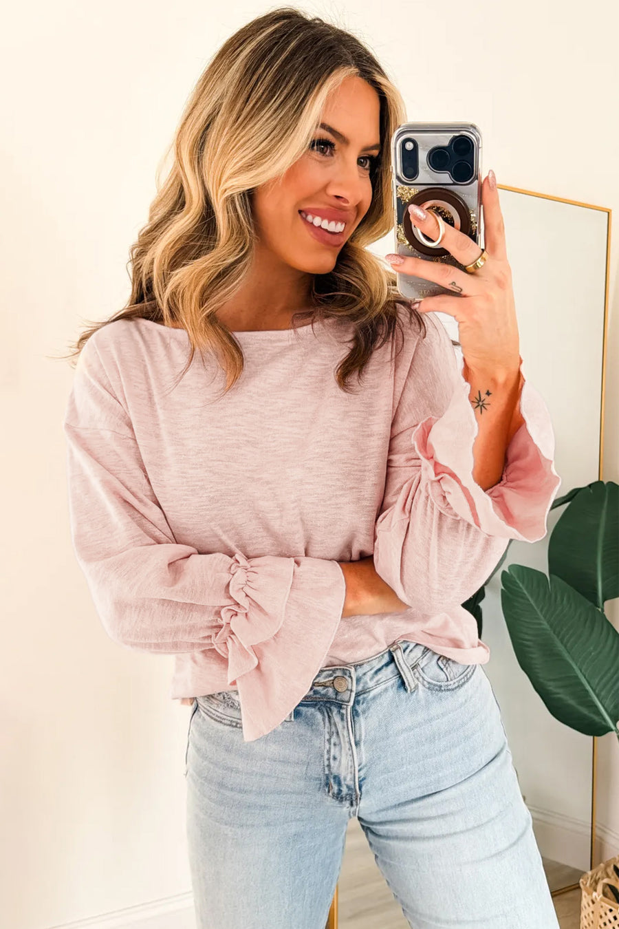 Pink Ruffle Sleeve Long Sleeve Loose Pullover Top Women UK