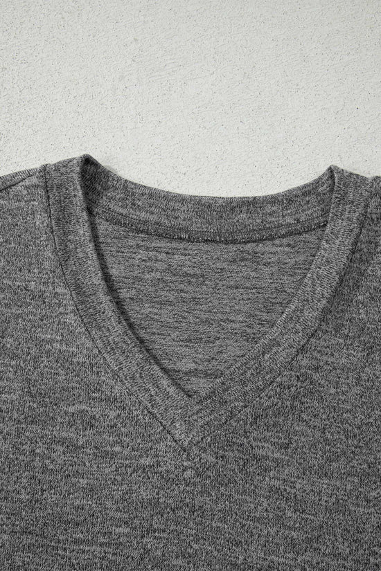 Detail of V-neck top from Heather Mauve Duster Lounge Trio in charcoal, highlighting soft-touch fabric and relaxed neckline for everyday comfort.