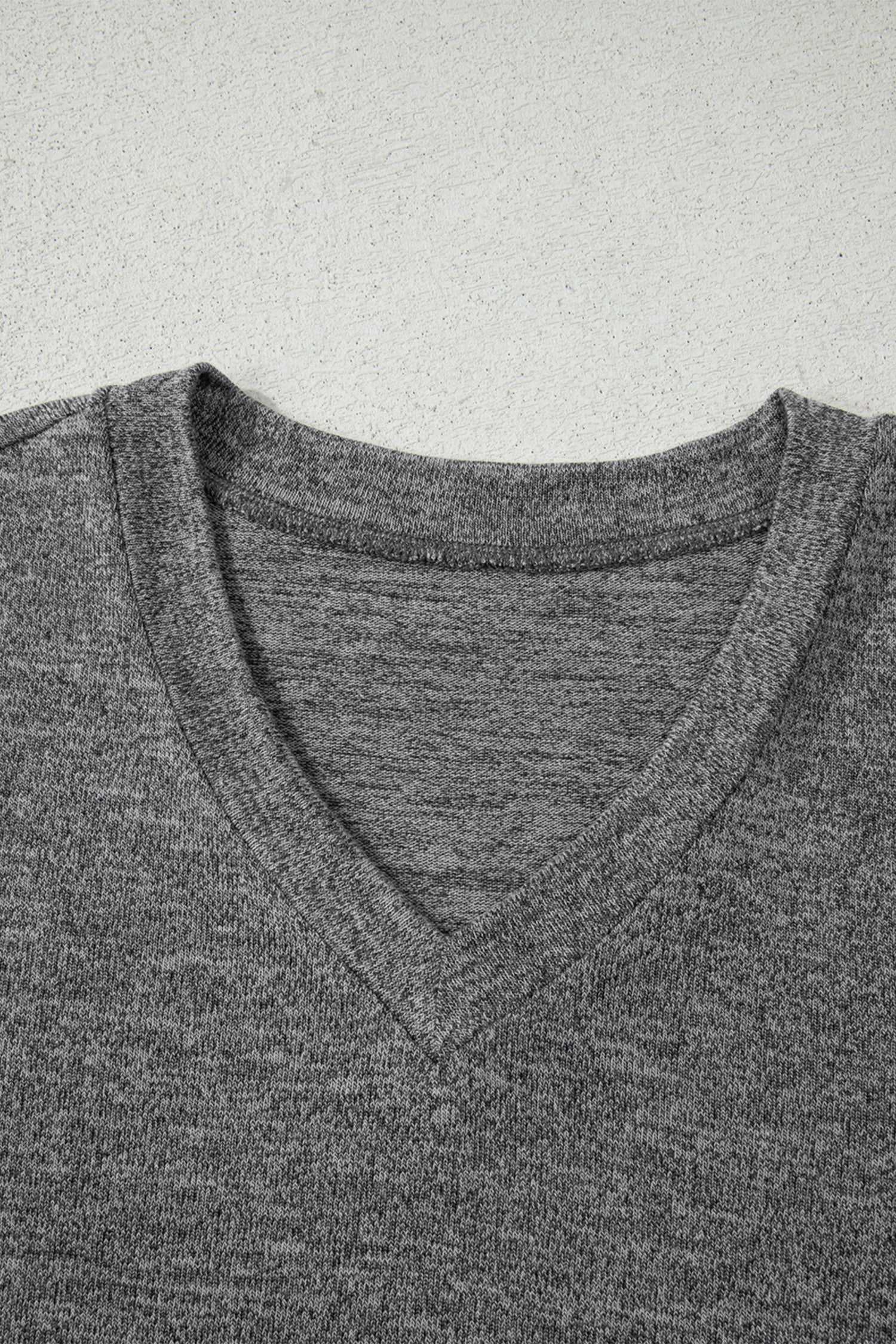 Detail of V-neck top from Heather Mauve Duster Lounge Trio in charcoal, highlighting soft-touch fabric and relaxed neckline for everyday comfort.