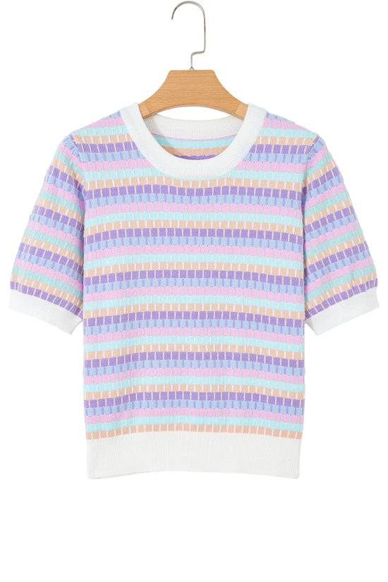 Abstract striped knit short sleeve sweater sweaters