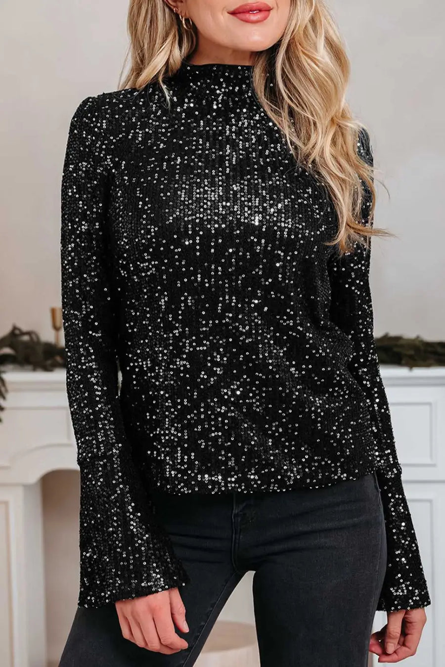 Open back sequin party top – bell sleeves blouses