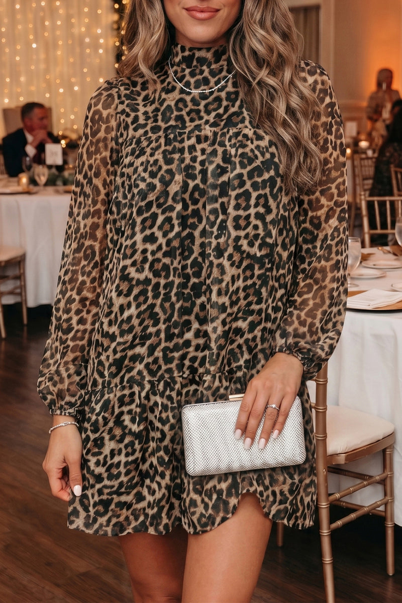 Leopard Print Gathered Long Sleeve Mini Dress Pockets Women UK