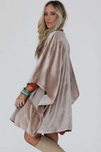 Soft velvet kimono wrap in smoke grey styled for autumn layering