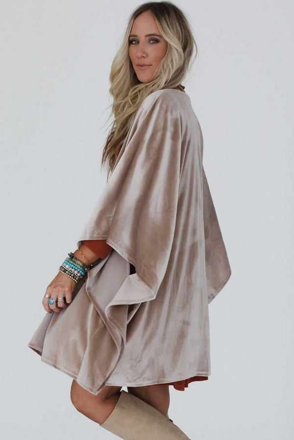Soft velvet kimono wrap in smoke grey styled for autumn layering