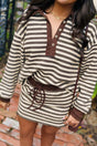 Stripe Contrast Trim Top and Drawstring Mini Skirt Set