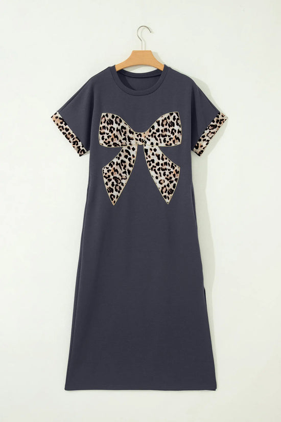 Leopard bow patch short sleeve t-shirt maxi dress thigh slit high waist dresses