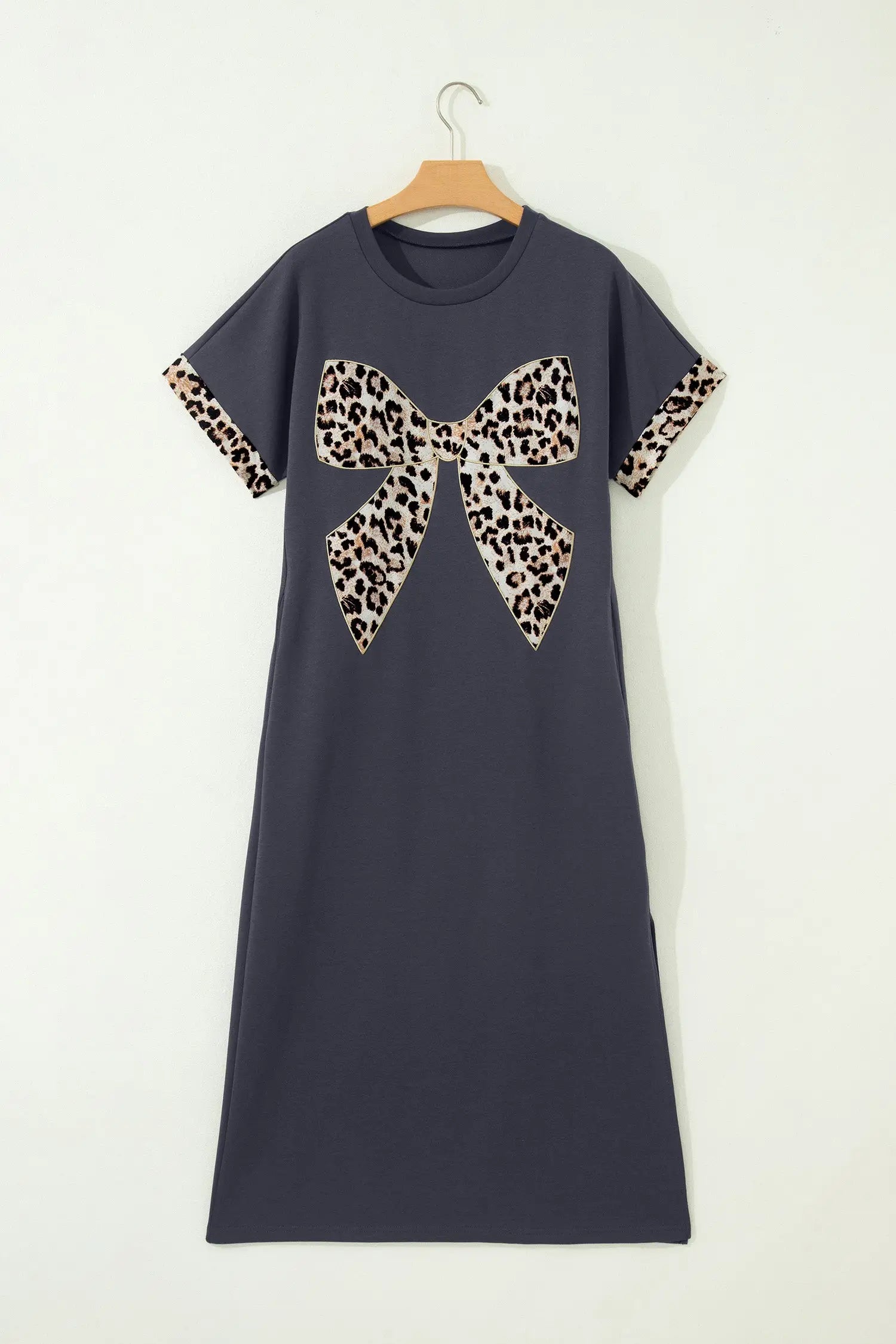 Leopard bow patch short sleeve t-shirt maxi dress thigh slit high waist dresses