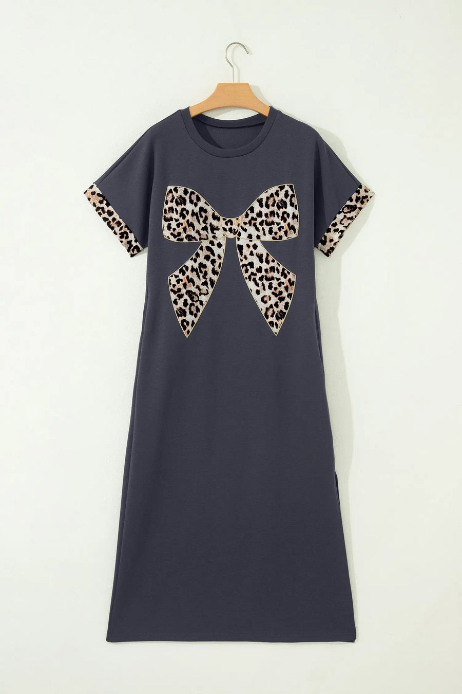 Leopard bow patch short sleeve t-shirt maxi dress thigh slit high waist dresses