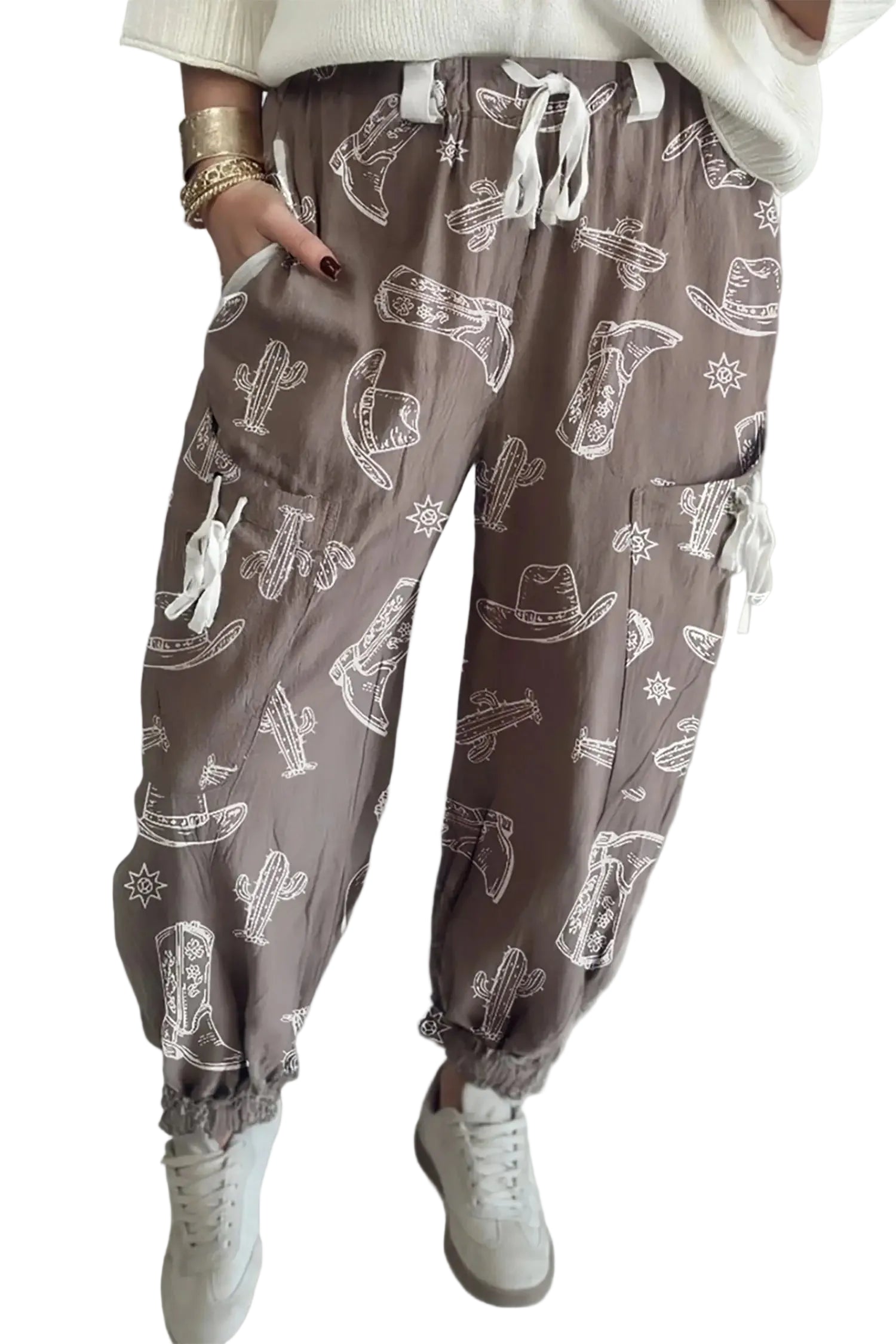 Khaki western cactus cowgirl hat boot printed vintage drawstring jogger pants