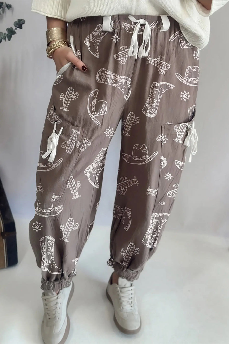 Western print vintage drawstring elastic hem jogger trousers with pockets joggers