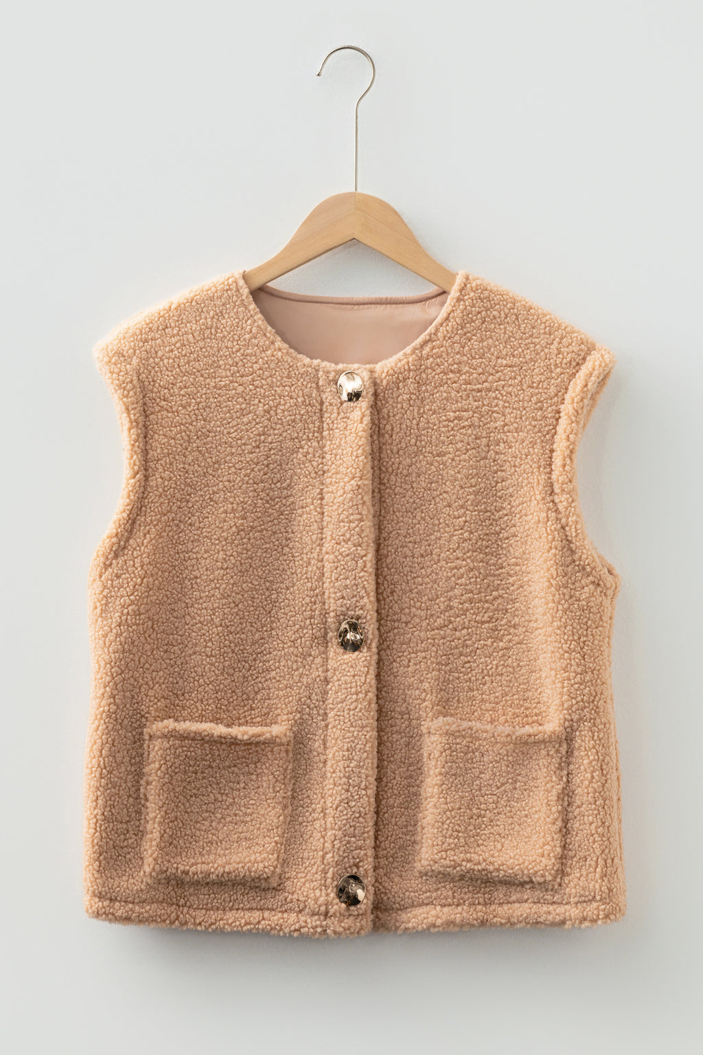 Ladies Beige Fuzzy Fleece Gilet with Big Button Accent