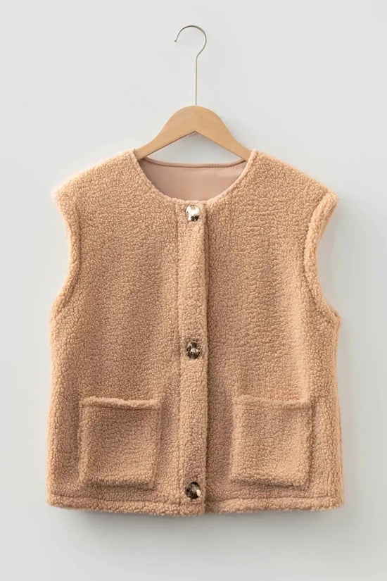 Ladies Beige Fuzzy Fleece Gilet with Big Button Accent