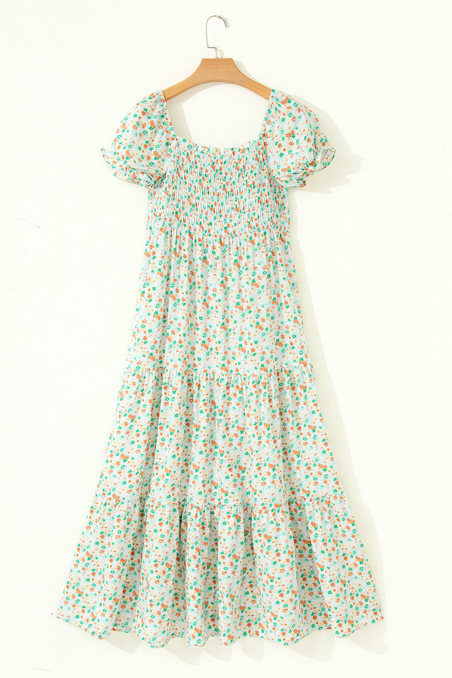 Pink Floral Bubble Sleeve Shirred High Waist Maxi Dress Women UK
