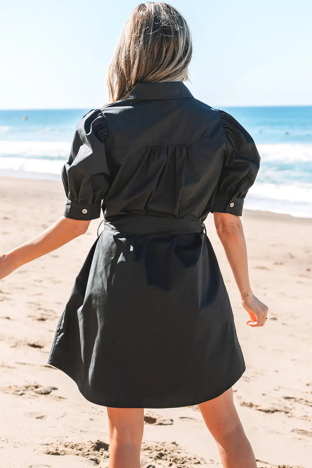 Button up puff sleeve shirt collar tie waist mini dress with pockets dresses