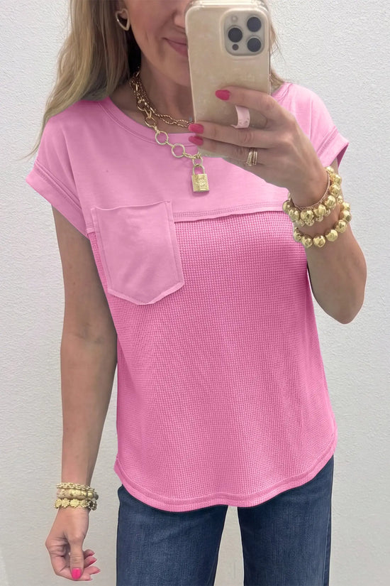 Waffle patchwork sleeveless top raw seam chest pocket round neck casual tank tops