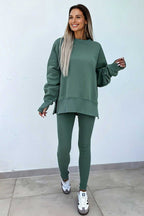Front view of green Oversized Sweatshirt and Leggings Matching Set, perfect for stylish and comfortable fall loungewear.