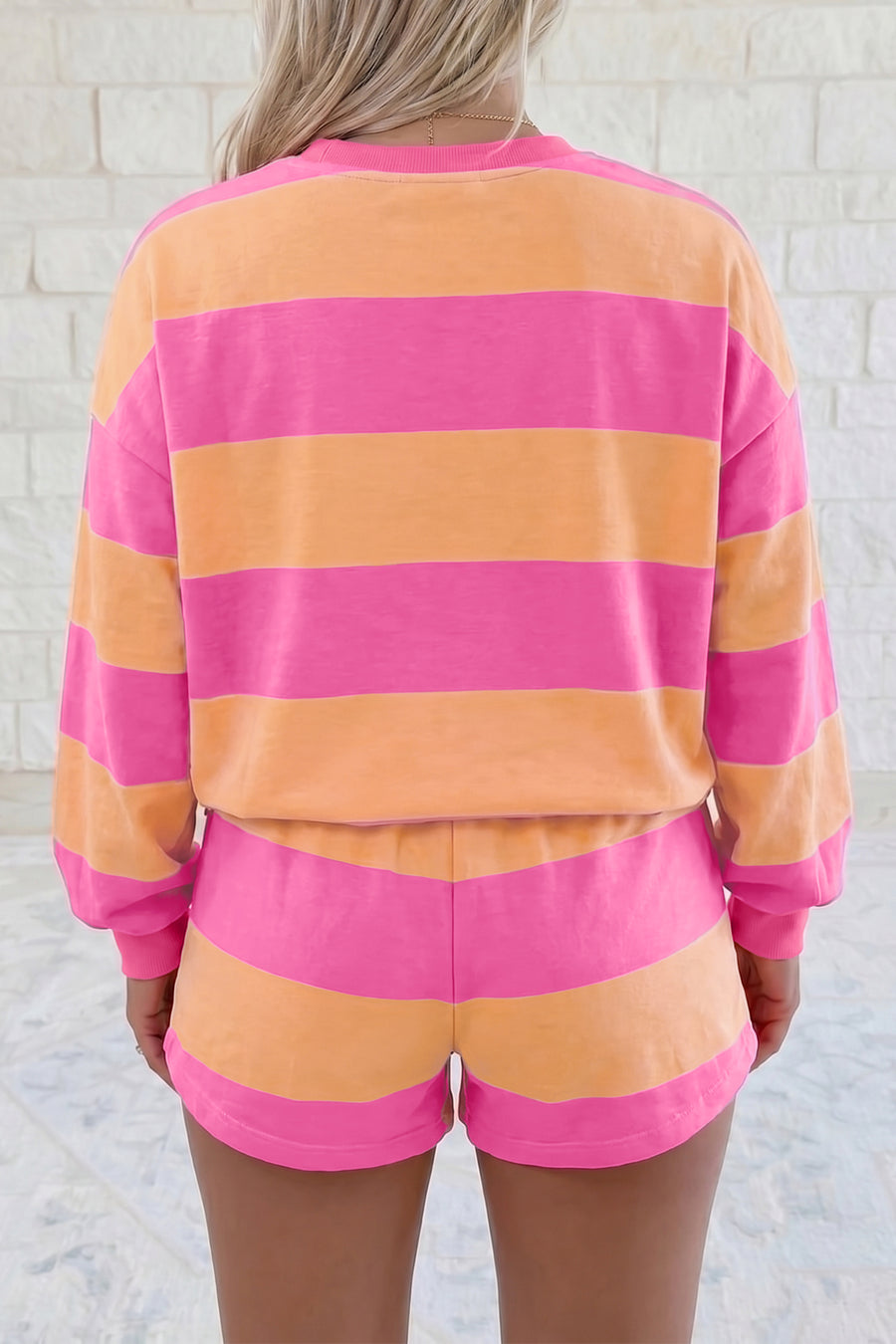 Stripe Long Sleeve Top & Drawstring Shorts 2-Piece Set Women UK