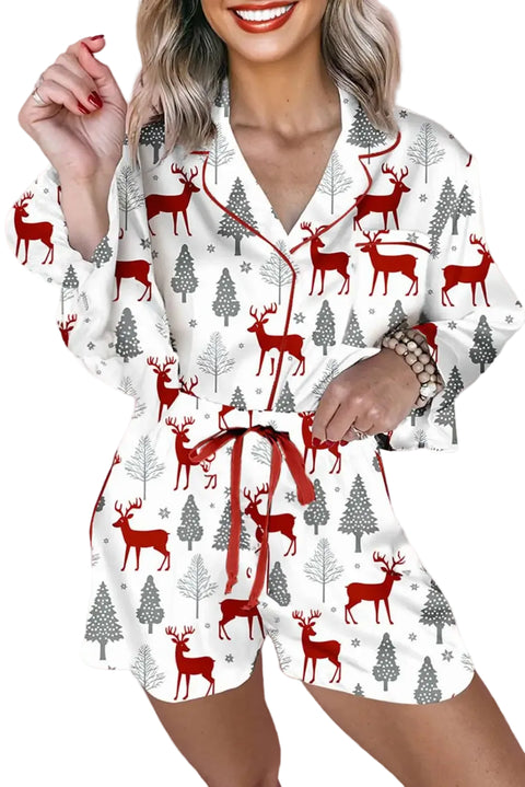 White Christmas print velvet trim long sleeve top and shorts pyjamas set front view — Fashionfitz UK