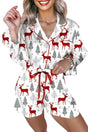 Ladies White Christmas Print Velvet Trim Pyjamas with red reindeer and grey tree design, featuring red velvet waist tie and piping.