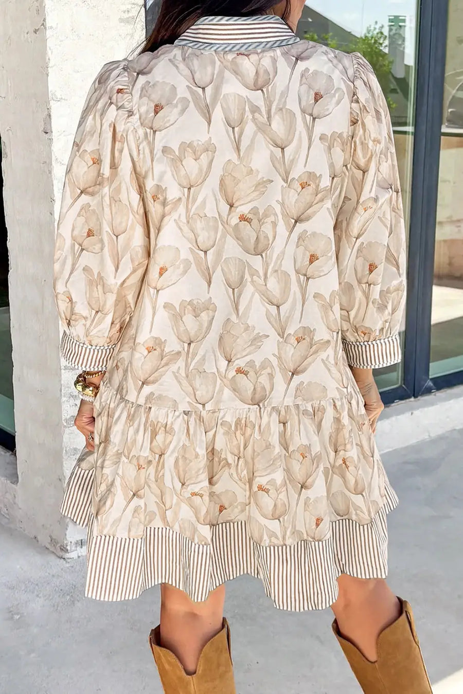 Khaki Plus Size Floral Patchwork Button Down Dress Women UK — lifestyle view