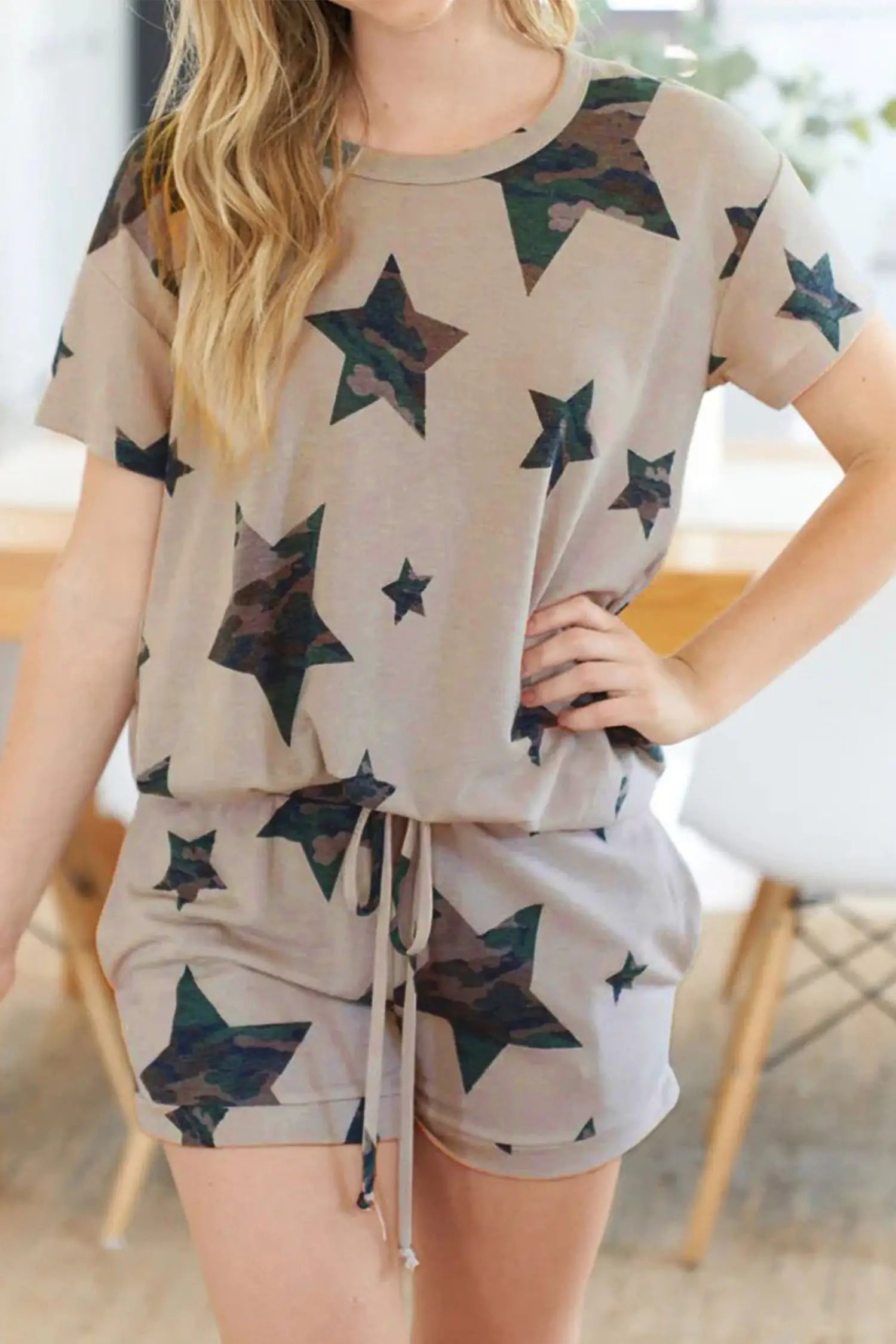 Khaki camo star print short lounge set