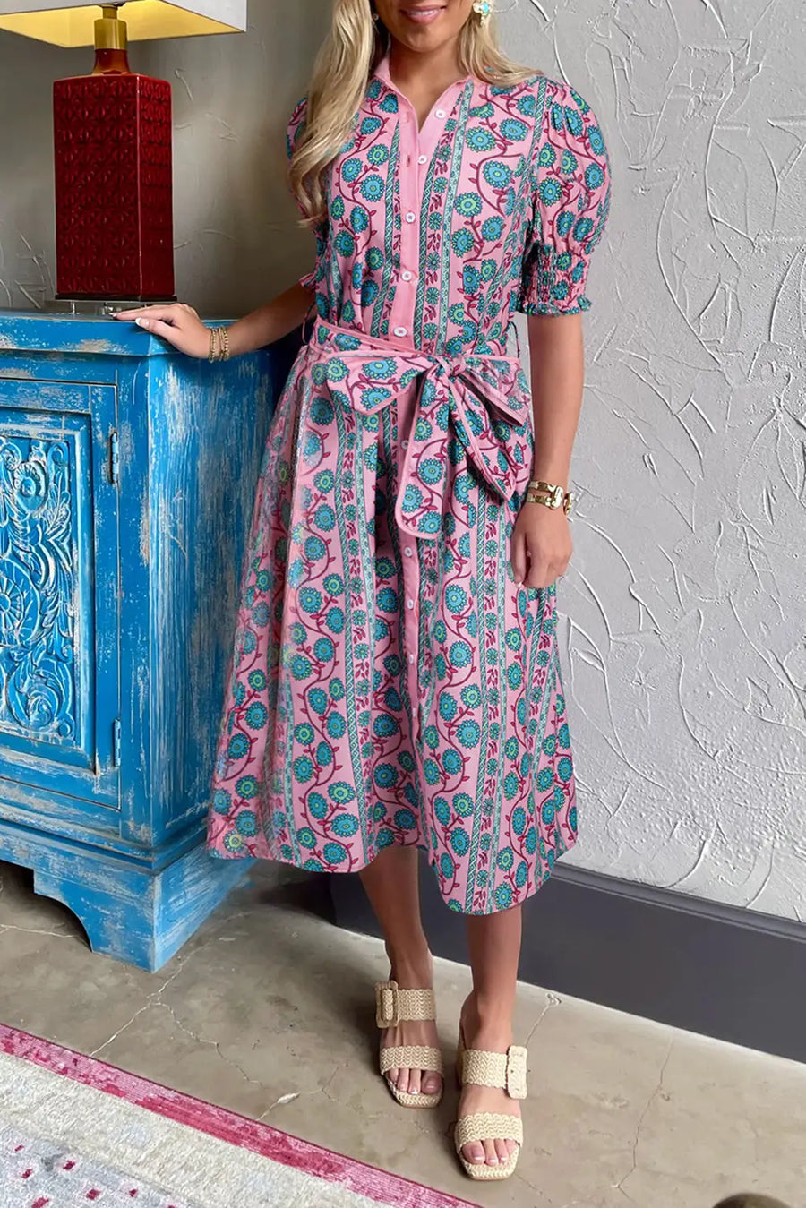 Pink Floral Shirred Puff Sleeve Buttoned Midi Dress Women UK