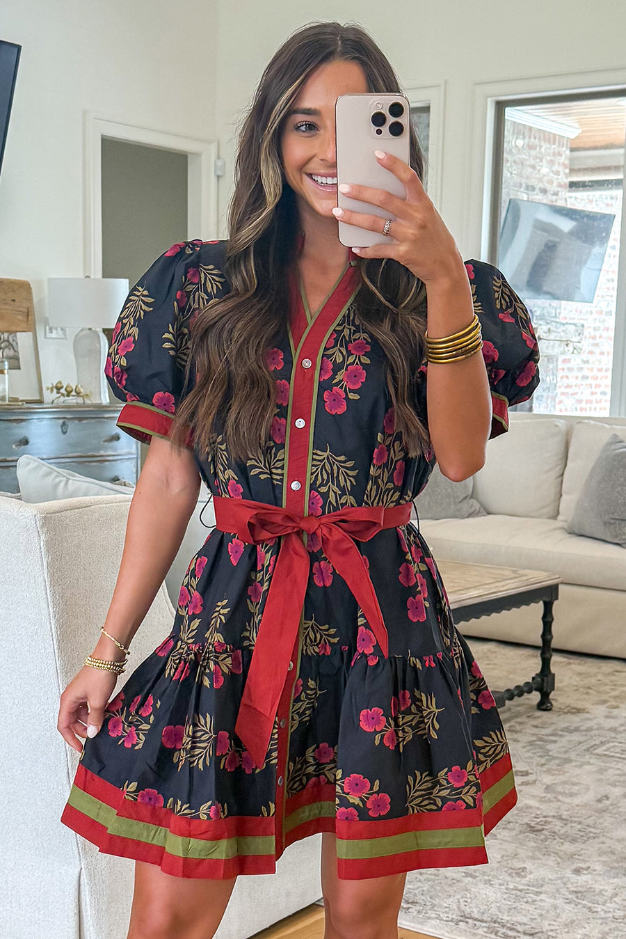 Black Retro Floral Belted Button Down Puff Sleeve Mini Dress Women UK — model shot