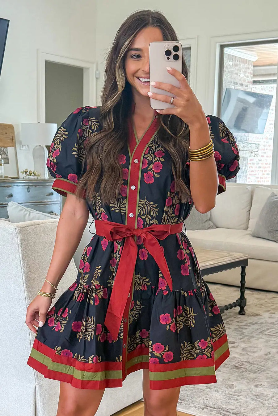 Black Retro Floral Belted Button Down Puff Sleeve Mini Dress Women UK — model shot