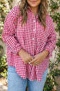 Plaid V neck long sleeve tunic loose fit plus size shirt in red — front view