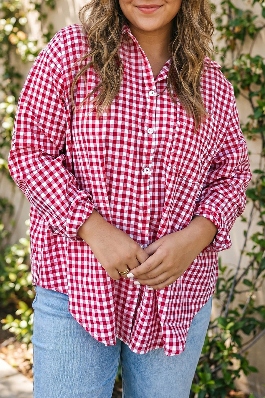 Plaid V neck long sleeve tunic loose fit plus size shirt in red — front view