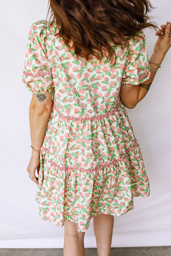 Green floral ricrac trim dress UK puff sleeve detail close-up