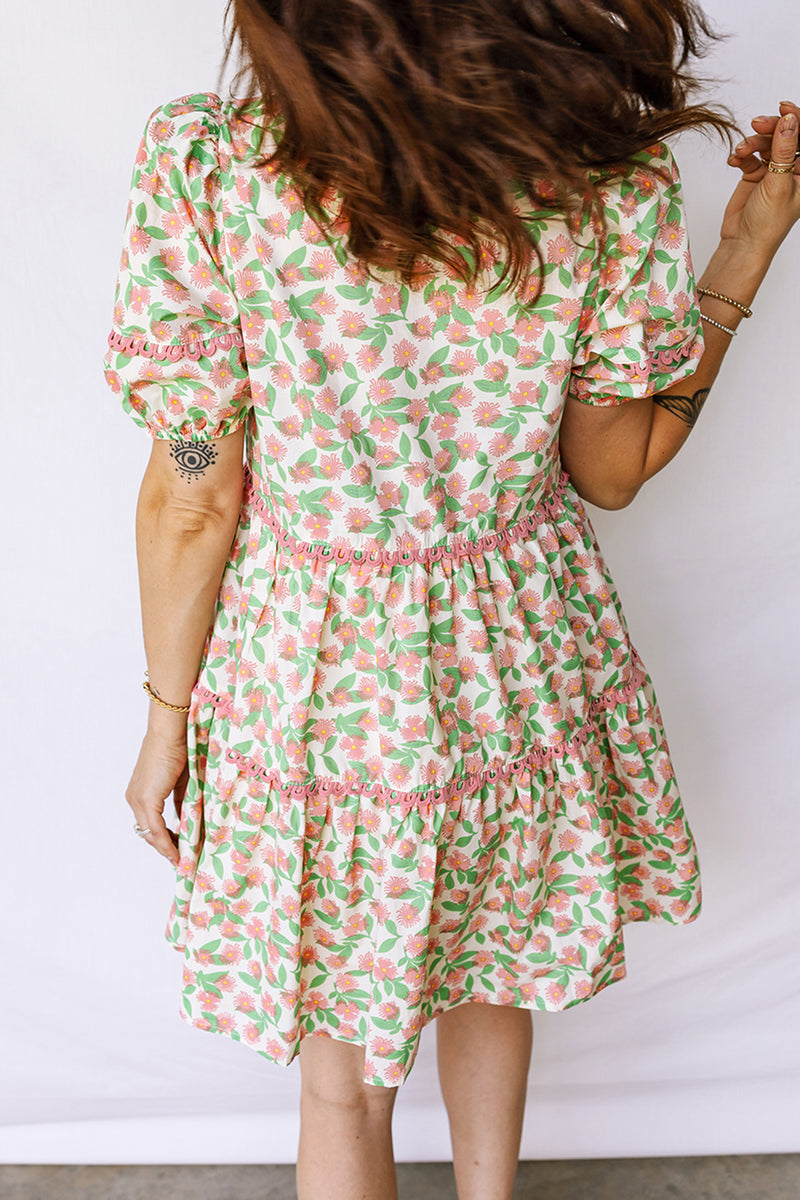 Green floral ricrac trim dress UK puff sleeve detail close-up
